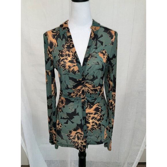 Free People Green & Orange Floral Print Button-Down Blouse - Medium - Picture 2 of 6